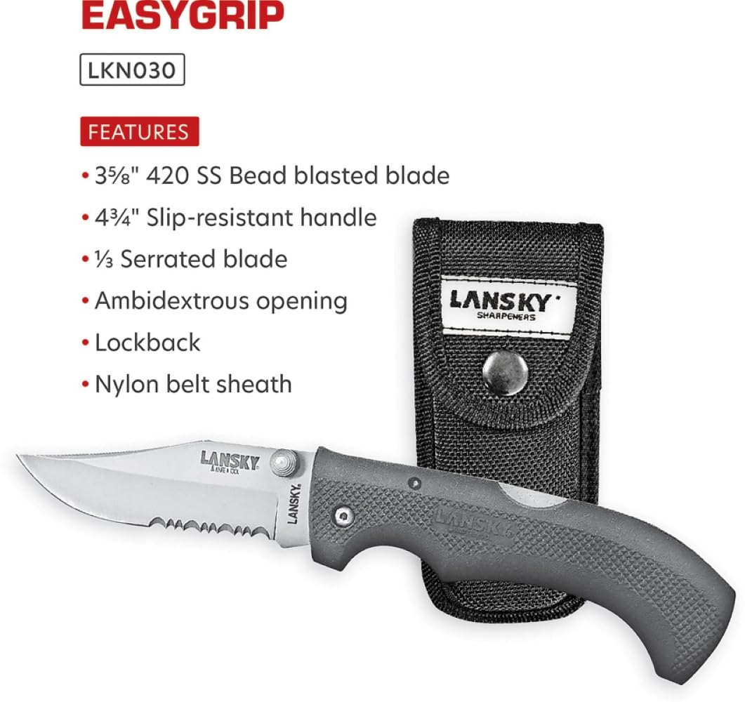 Lansky 8.5" EasyGrip Stainless Steel Folding Pocket Knife, 3.75in Clip Point Serrated Blade and Rubber Handle for Outdoor Survival and EDC – LKN030 - Image 3